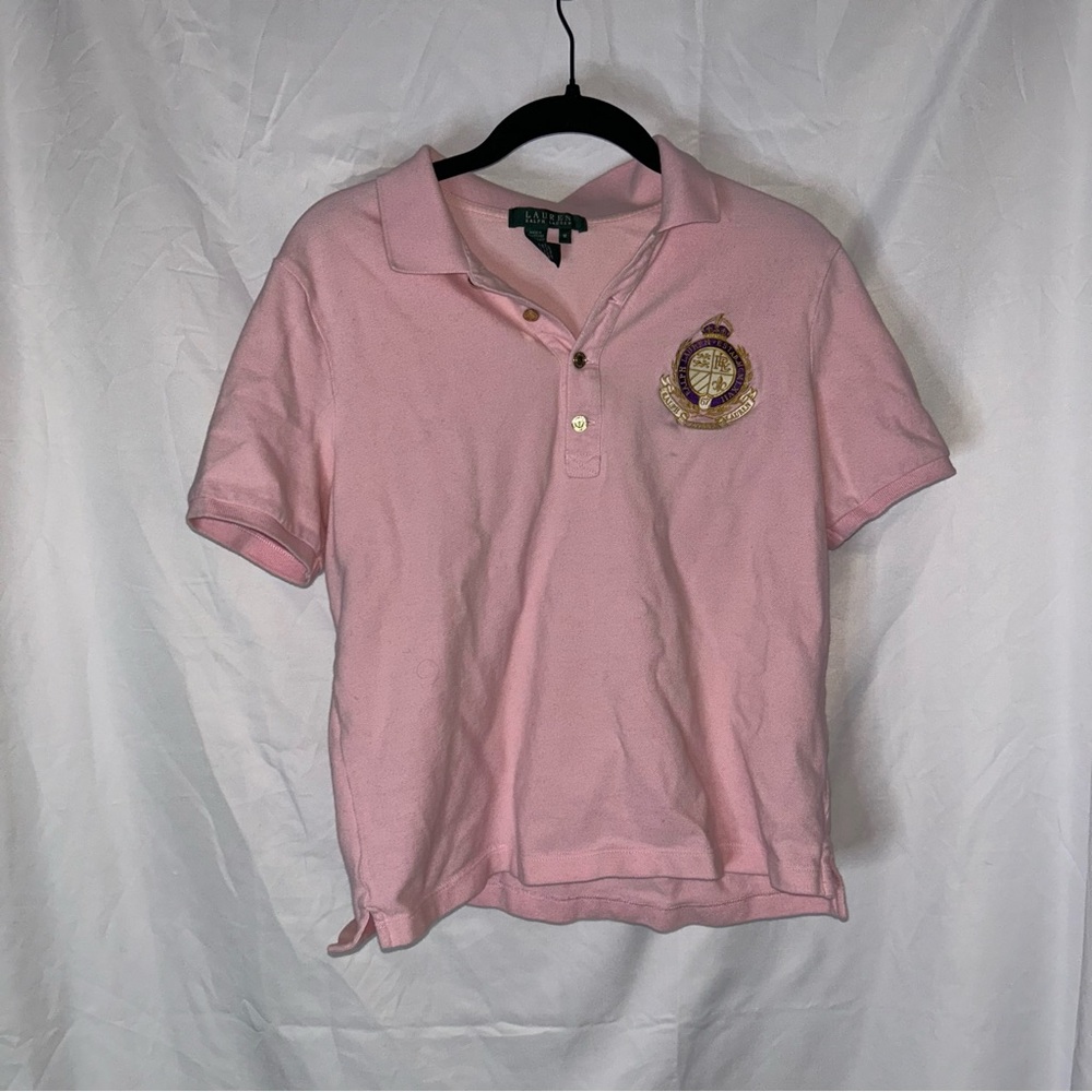 Lauren Ralph Lauren Baby Tee Polo Pink Embroidered Chest Patch 100% Cotton Top M